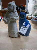 Photo showing the front view of the stone lady statue and the blue ceramic cat figurine on a table.