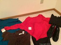 Photo showing several pieces of women's clothing including teal top, red top, brown sweater, black pants, black shoes, and brown gloves arranged on a beige carpeted floor in a corner of a room.
