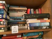 Top shelf and middle shelf view showing a variety of hardcover and paperback books including The Clock Dance, Christmas in Paris, On Mexican Time, Corner of Light, and others.