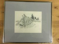 Full view of the framed pencil sketch showing the entire artwork with grey mat and silver frame.