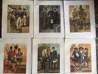 Six litho prints displayed together showing various military figures in uniform from naval, modern, and historical periods