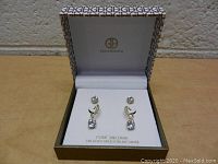 Pair of Giani Bernini earrings inside original branded box with lid open, showing simple round cubic zirconia studs on 18kt gold over sterling silver.