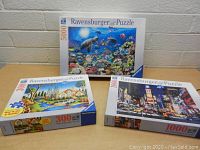 All three Ravensburger puzzles displayed: Times Square 1000 pieces, Ocean 5000 pieces, Country House 300 pieces