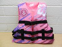 Front and side views of a pink girls youth life vest with three black adjustable buckle straps and white floral pattern.