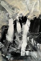 Front view of the painting showing the abstract black and white composition with vertical white streaks and textured layers.