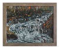 Framed oil painting showing the full waterfall scene with textured brushwork and rustic frame.
