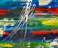 Close crop focusing on dynamic white linear brush strokes on multicolor background featuring bold red and blue hues beside white and green paint areas.