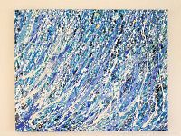 Front view of abstract blue and white acrylic painting