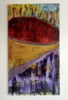 Full view of the tall, narrow abstract painting with red, yellow, purple, and green tones showing the entire canvas.