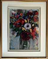 Front view of framed oil on board painting titled 'Bouquet'