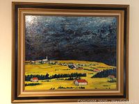 Full view of framed painting showing landscape composition and frame details