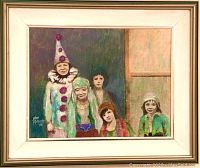 Framed oil painting titled 'The Clowns' showing five children dressed as clowns, signed by artist John Richards on the bottom left.
