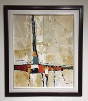 Full view of the framed abstract oil painting showing composition, frame, and signature.