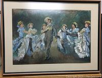 Framed watercolor and ink artwork titled "Cancan" depicting a cancan dance scene with six women and one man.