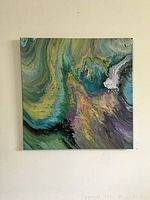 Full view of the abstract painting showing vibrant swirling colors and fluid style forming an oceanic and coral-inspired composition.