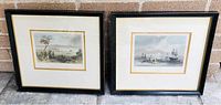 Both Bartlett engravings of Montreal scenes in matching black frames with gold trim and double matting with gold inner border, displayed side by side against brick wall.