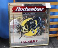 Front view of the Budweiser Salutes the U.S. Army mirror highlighting the horse graphic, branding, and frame.