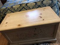Closed light-colored wooden trunk with small floral paintings on top and front panel