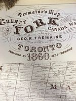 Close-up of map title which reads 'Tremaine's Map County of York Canada West Toronto 1860 compiled and drawn by Geo. R. Tremaine'.