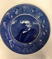 Full view of the commemorative plate showing central portrait of Charles Dickens with character portraits around the edge