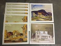 Photo showing six identical prints of rural autumn scene alongside two other distinct prints by A. J. Casson.