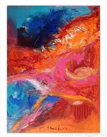 Front view of painting showing abstract colorful composition with signature on lower edge