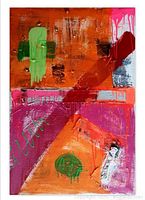 Full view of the mixed media abstract painting showing the vibrant color palette and textures.