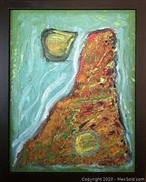 Frontal view of the framed abstract oil painting showing the full composition and frame