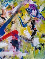 Close-up of the abstract acrylic painting showing violet, blue, red, yellow, white, and black brushstrokes with charcoal accents and paint drips.