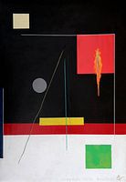 Full front view of the painting showing the geometric abstract composition and colors.