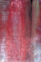 Close-up of the painting's textured, cracked acrylic surface showing red and brown tones with a glowing effect.