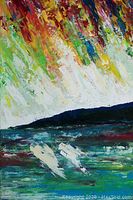 Full view of the colorful abstract acrylic painting depicting two dolphins in the water with a vibrant multicolored sky background.