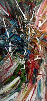 Full front view of the painting showing vibrant abstract mixed media artwork with heavy textured brush strokes on canvas.