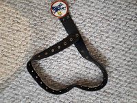 Photo showing the full black leather belt with multiple brass eyelets and the round sports team buckle featuring the Kansas City Scouts logo.