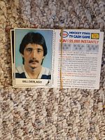 Front and back of Esso Hockey Stars TV Cash Game scratch card showing player Bill Derlago and scratch game instructions