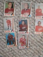Close-up image of nine Detroit Red Wings hockey cards, including Roger Crozier, Gary Bergman, Carl Brewer, Wayne Connelly, Gord MacTavish, Bob Baun, Roy Edwards, and Alex Delvecchio.