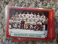 Single hockey card with team photo of Boston Bruins and player name Ken Hodge right wing