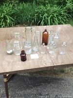 Full lot of 12 assorted vintage and antique glass bottles and jars arranged on a wooden table, outdoors near greenery.