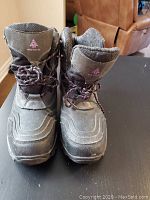 Front view of the grey Thinsulate Woods winter boots showing padded ankle collar, shoelaces, and branded tongue.