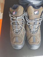 Front view of pair of brown Red Wings safety shoes, showing lacing and logo on tongues.