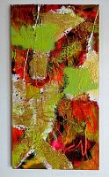 Full view of the abstract mixed media painting with vibrant green, gold, and red hues and heavy texture.