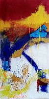 Close-up frontal view of the colorful abstract mixed media painting showing red, gold, blue, white, and black paint areas with visible brush strokes and drips.