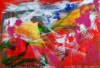 Frontal view of painting showing full abstract composition and signature
