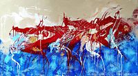 Frontal view of entire abstract mixed media painting showing full canvas