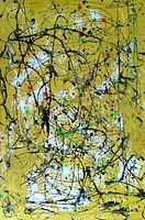 Full front view of abstract painting on yellow background