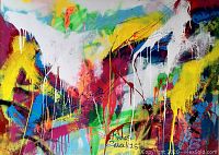 Close-up front view of painting showing abstract color splashes and Tadas Zaicikas signature