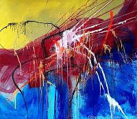 Front view of full abstract composition with yellow upper field, red central swath, blue lower area and paint drips