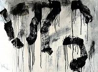 Front view of entire canvas showing abstract black enamel drips over white-gray background and signature lower left