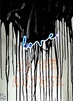 Full front view of painting showing black drips, neon ‘love’, red text ‘is the answer’, signed lower left