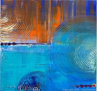 Front view of square abstract painting showing blue and orange tones with circular swirl textures on canvas.